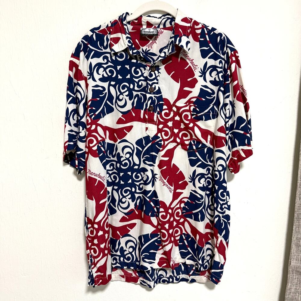 Manuhealii Mens Hawaiian Aloha Shirt M Red Blue Pullover Collared Rayon